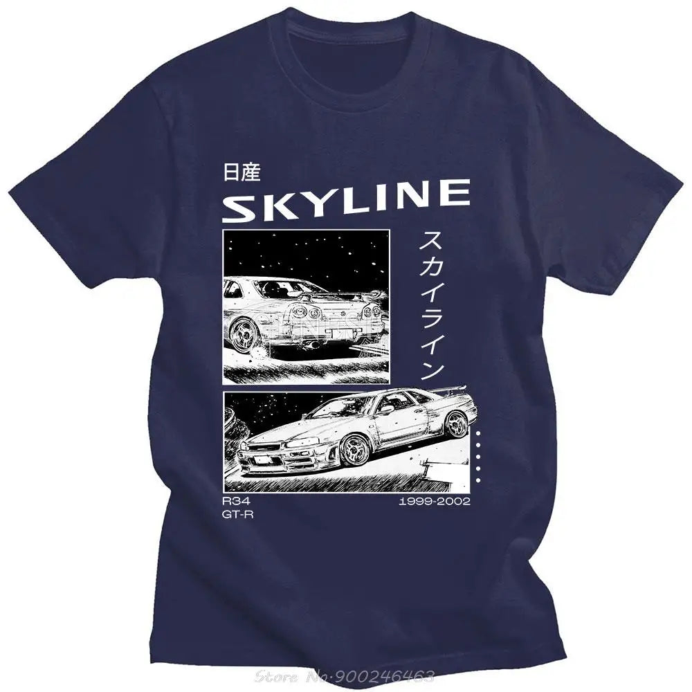 Drift Japanese Anime AE86 Initial D Double Sided T-Shirt O-Neck Cotton Tshirt Summer Casual Unisex R34 Skyline GTR JDM T Shirts
