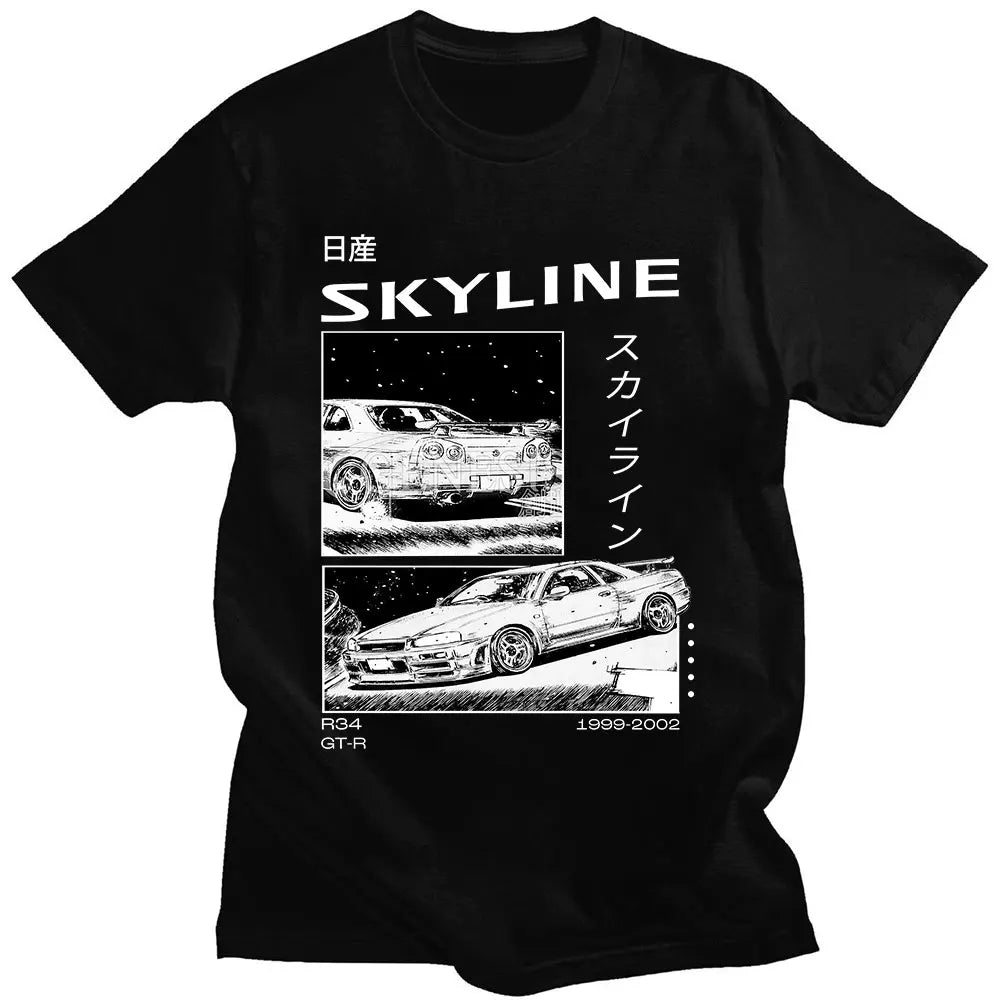 Drift Japanese Anime AE86 Initial D Double Sided T-Shirt O-Neck Cotton Tshirt Summer Casual Unisex R34 Skyline GTR JDM T Shirts