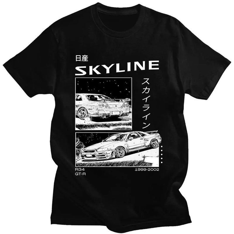 Drift Japanese Anime AE86 Initial D Double Sided T-Shirt O-Neck Cotton Tshirt Summer Casual Unisex R34 Skyline GTR JDM T Shirts